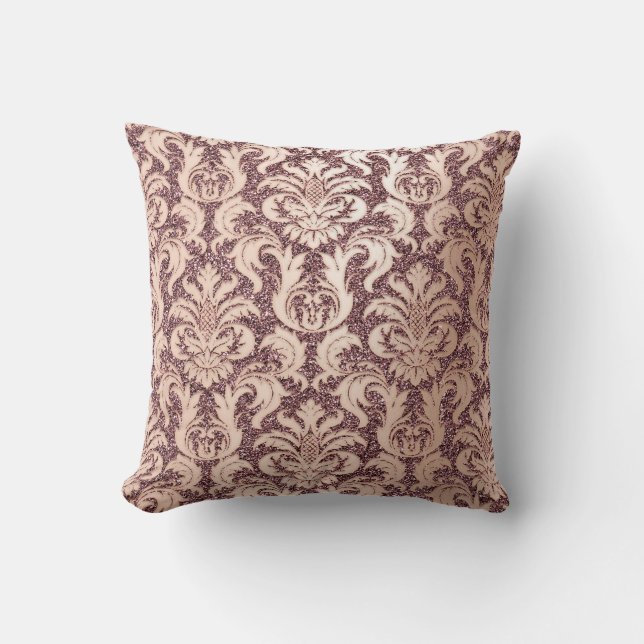 Damask Royal Glitter Maroon Copper Rose Gold Cushion (Front)