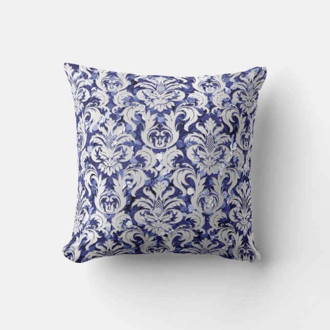 Damask Royal Glitter Silver Grey Indigo  Blue Navy Cushion (Front)