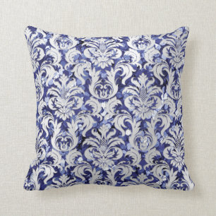 Damask Royal Glitter Silver Grey Indigo  Blue Navy Cushion