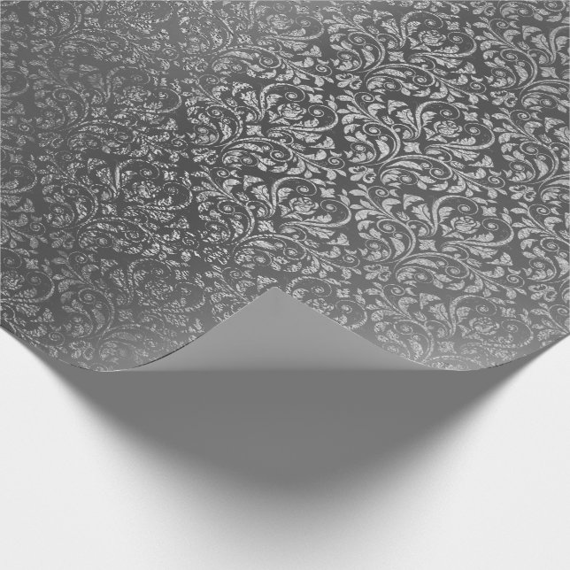 Damask  Royal Metallic Silver Grey Graphite Wrapping Paper (Corner)