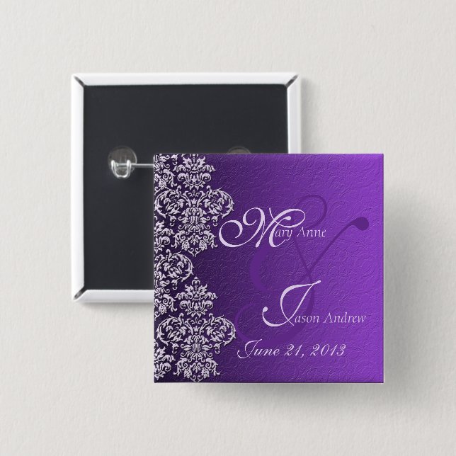 Damask Royal Purple Wedding Button (Front & Back)