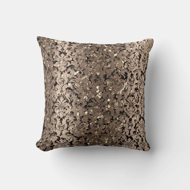Damask Royal Sepia Gold Black Beige Metallic Cushion (Front)