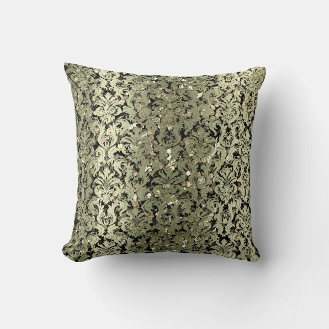 Damask Royal Sepia Gold Black Mint Green Greenery Cushion (Front)