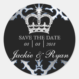 Damask Save Date Wedding Stickers Blue Crown