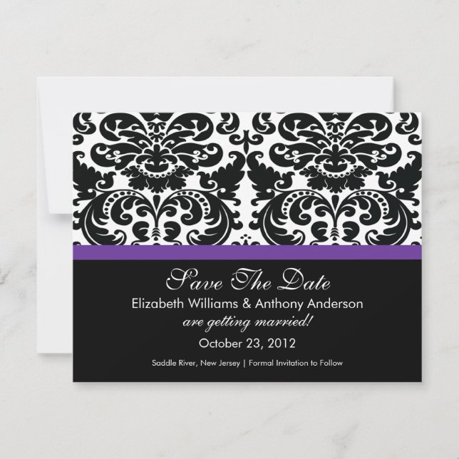 Damask Save The Date Announcement Eggplant (Front)
