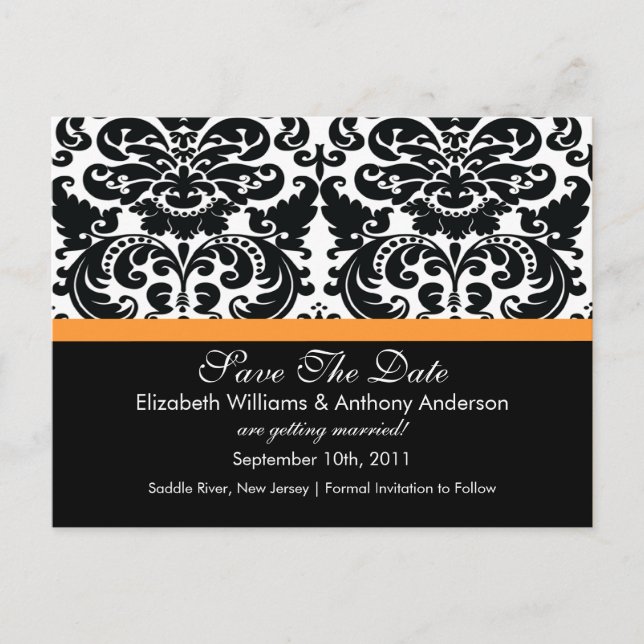 Damask Save The Date Orange POSTCARD! Announcement Postcard (Front)