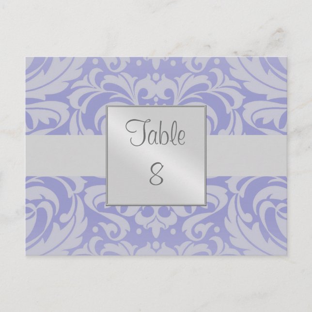 Damask Scroll Ribbon Blue Table Setting Card (Front)