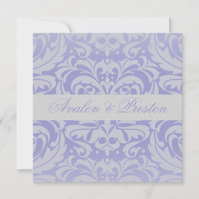 Damask Scroll Ribbon Blue Wedding Invitation (Front)