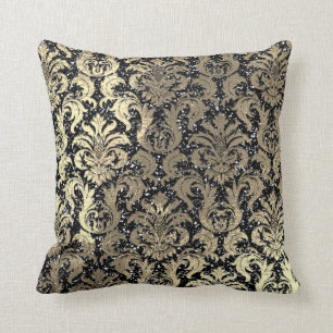 Damask Sepia Gold  Metallic Black Glitter Cushion