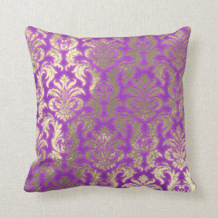 Damask Sepia Gold  Metallic Magenta Bright Pink Cushion
