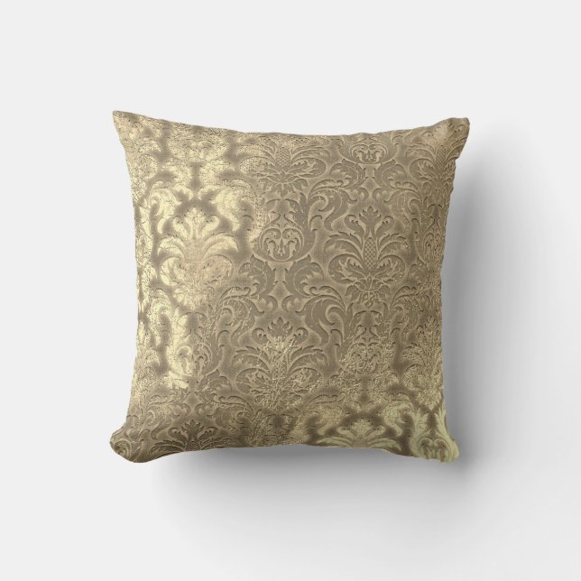 Damask Sepia Gold  Metallic Velvet Effect Cushion (Front)