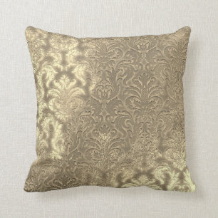 Damask Sepia Gold Metallic Velvet Effect Cushion