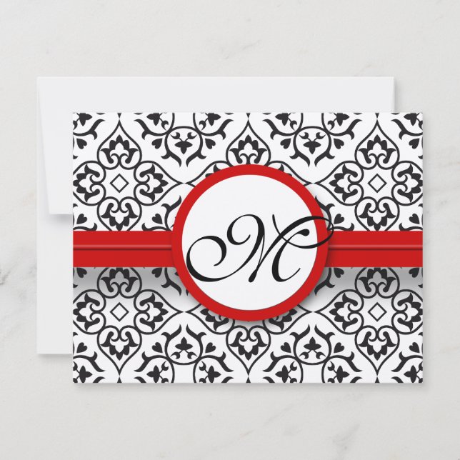 Damask Side Borders Red Trim Wedding RSVP Card (Front)