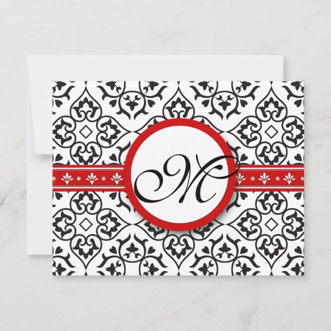 Damask Side Borders Red Trim Wedding RSVP Card (Front)