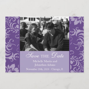 Damask Sides Photo Save The Dates (Purple) Date