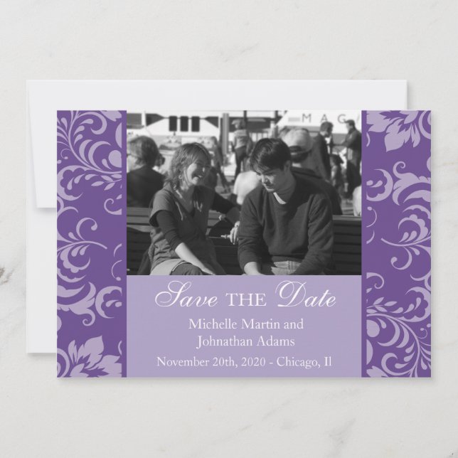 Damask Sides Photo Save The Dates (Purple) Date (Front)
