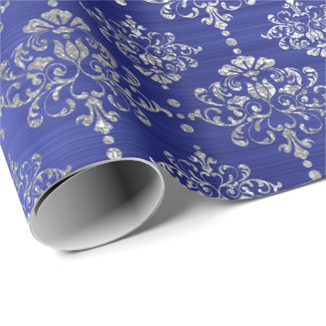 Damask Silver Cobalt Blue Royal Ornament France Wrapping Paper (Roll Corner)