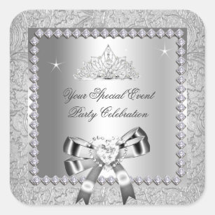 Damask Silver Diamonds Tiara Bow Heart Images Square Sticker