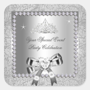 Damask Silver Diamonds Tiara Bow Heart Images Square Sticker