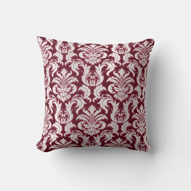 Damask Silver Grey Metallic Burgundy Velvet Cushion (Front)