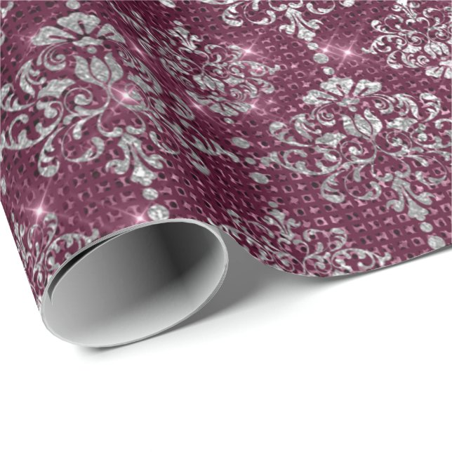 Damask Silver Grey Royal Burgundy Beetroot Sparkly Wrapping Paper (Roll Corner)