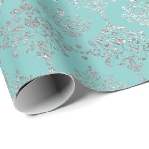 Damask Silver Grey Royal Metallic Tiffany Aqua Blu Wrapping Paper