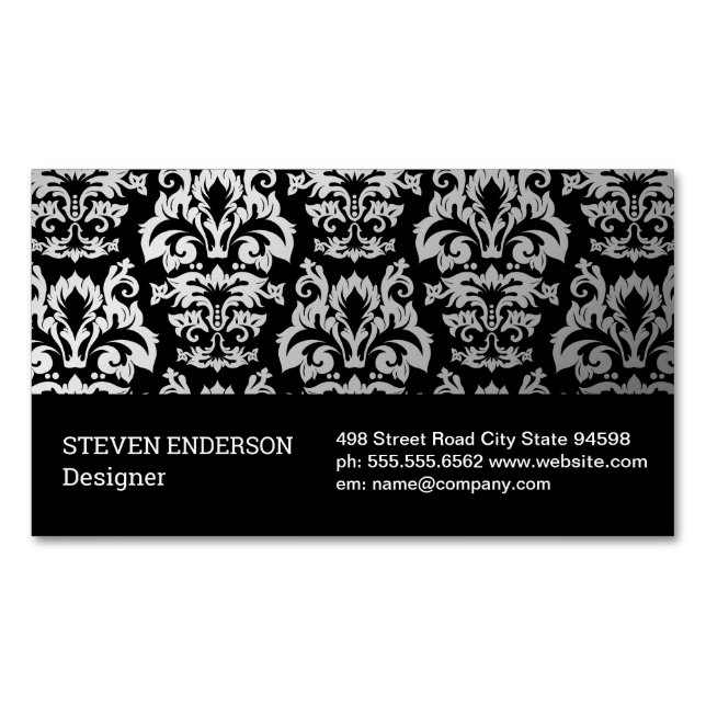 Damask Silver Metallic Pattern Black Background Magnetic Business Card (Front)