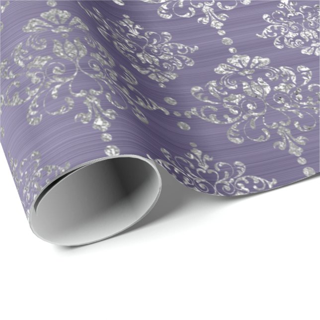 Damask Silver Purple Plum Royal Ornament Formal Wrapping Paper (Roll Corner)