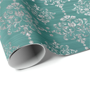 Damask Silver Teal Aquatic Ocean Royal Ornament Wrapping Paper