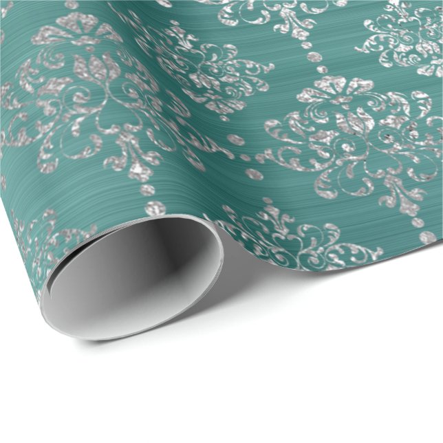 Damask Silver Teal Aquatic Ocean Royal Ornament Wrapping Paper (Roll Corner)