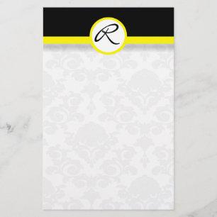 Damask Single Line Yellow Monogram Stationery