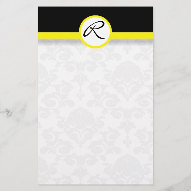 Damask Single Line Yellow Monogram Stationery (Front)