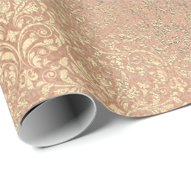 Damask Skinny Peach Coral Rose Gold Metal Bride Wrapping Paper (Roll Corner)