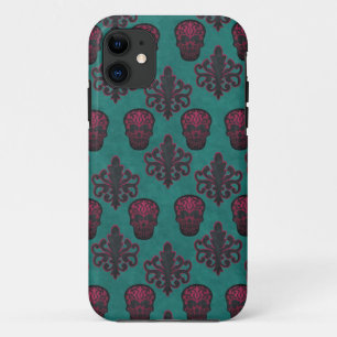 DAMASK SKULL HOT PINK ON TEAL iPhone 11 CASE