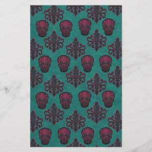 DAMASK SKULL HOT PINK ON TEAL STATIONERY