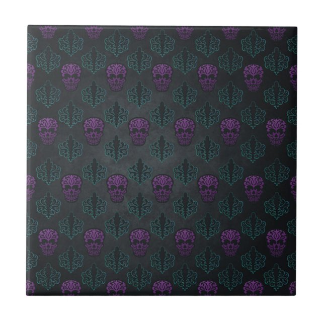 DAMASK SKULL TEAL PURPLE TILE (Front)