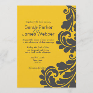 Damask Slate grey and vibrant yellow Wedding Invitation