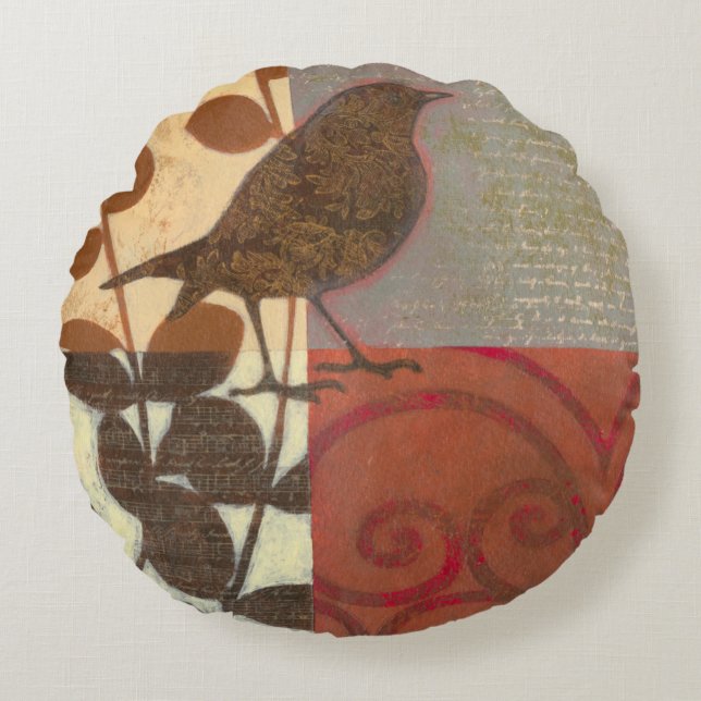 Damask Sparrow Round Cushion (Front)