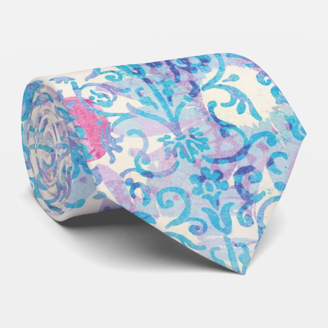 Damask Spring Blue Floral Pattern Tie (Rolled)