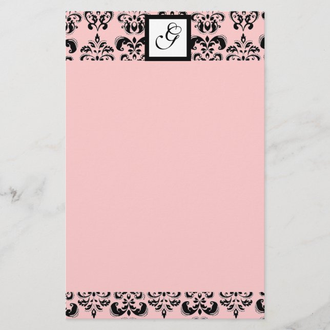 DAMASK SQUARE MONOGRAM ,black and pink Stationery (Front)
