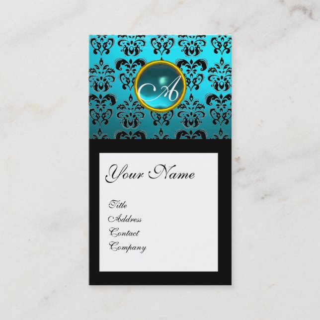 DAMASK SQUARE MONOGRAM,blue turquase aquamarine Business Card (Front)