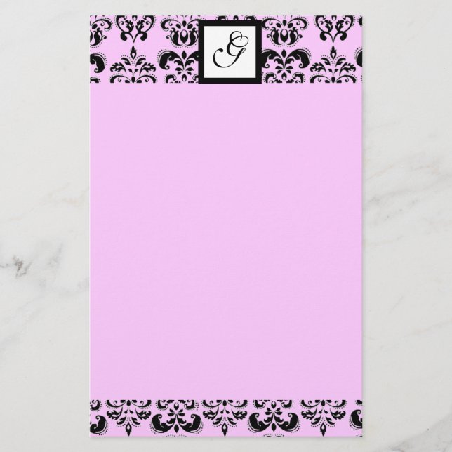 DAMASK SQUARE MONOGRAM ,pink Stationery (Front)