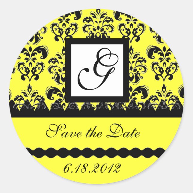 DAMASK SQUARE MONOGRAM yellow Classic Round Sticker (Front)