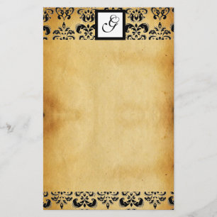 DAMASK SQUARE PARCHMENTMONOGRAM ,black and brown Stationery