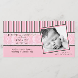 Damask & Stripes Baby Pink Birth Announcement