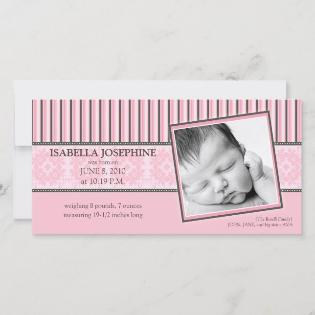 Damask & Stripes Baby Pink Birth Announcement (Front)