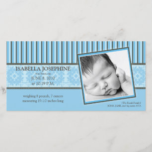 Damask & Stripes Blue Birth Announcement