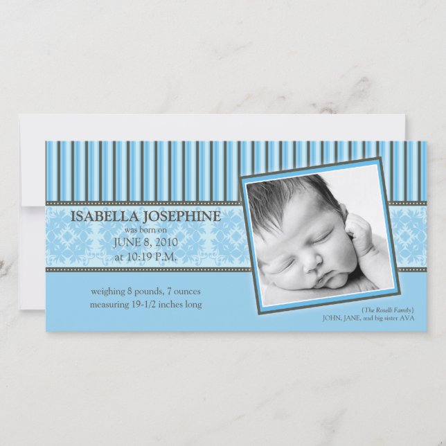 Damask & Stripes Blue Birth Announcement (Front)