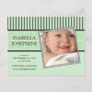 Damask & Stripes Coral Baby Birth Announcement Postcard