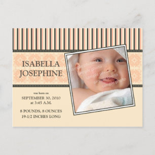 Damask & Stripes Coral Baby Birth Announcement Postcard